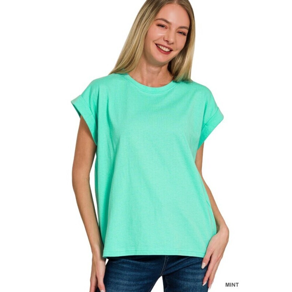 CT-3381Y M Zenana Round Neck Folded Short Sleeve T-Shirt Mint Various Sizes
